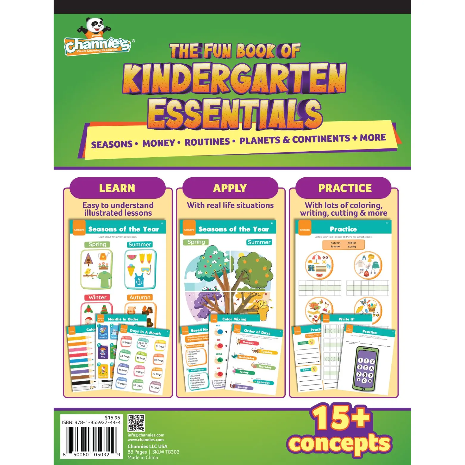 Channie’s Kindergarten Essentials Workbook-Teach &amp; Learn Days of the Week, Seasons, Phone numbers &amp; More!