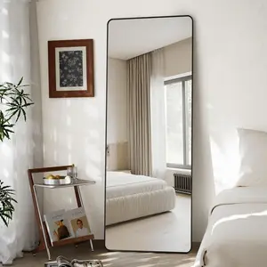 Round Corner Mirror Full Length, 66" x 23" Floor Mirror with Stand, Matte  Alloy Frame Full  Mirror, Standing Hanging or Leaning for Bedroom and Living Room, Black