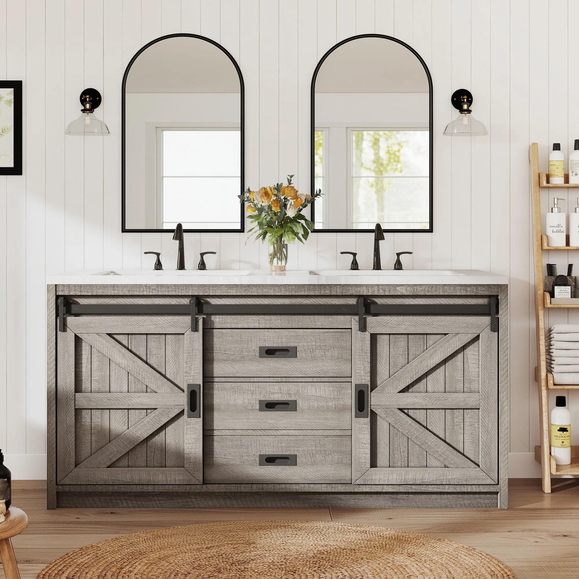 Albott 24/36/48/61in Farmhouse Bathroom Vanity with Sink, Sliding Barn Door Bathroom Storage Cabinet with Sliding Doors & Drawers, Dual Basin/Best Gift Ideas/Christmas Gifts[tiktokshopbacktoschool][SohoChic]