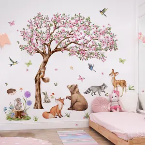 3Pcs/Set (3090cm3pcs) Watercolor Cherry Blossom Tree Forest Animals Self-Adhesive Decorative Wall Stickers Wall Decal Wall Decor for Kids Room Kindergarten Nursery Bedroom Living Room