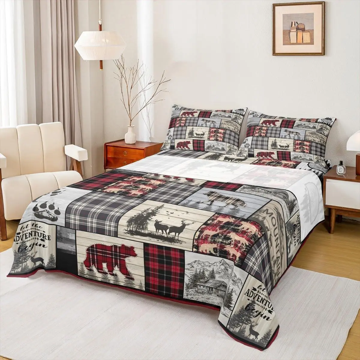 Feelyou 4-Pc Rustic Cabin Bedroom Sheet Set for Kids & Adults - Deep Pocket Fit, Multi-Size, Woodland Wolf Deer Bear Print, Red Black Buffalo Plaid, Wildlife Lodge Bedding (Set Includes Fitted & Flat Sheets), Wildlife Print