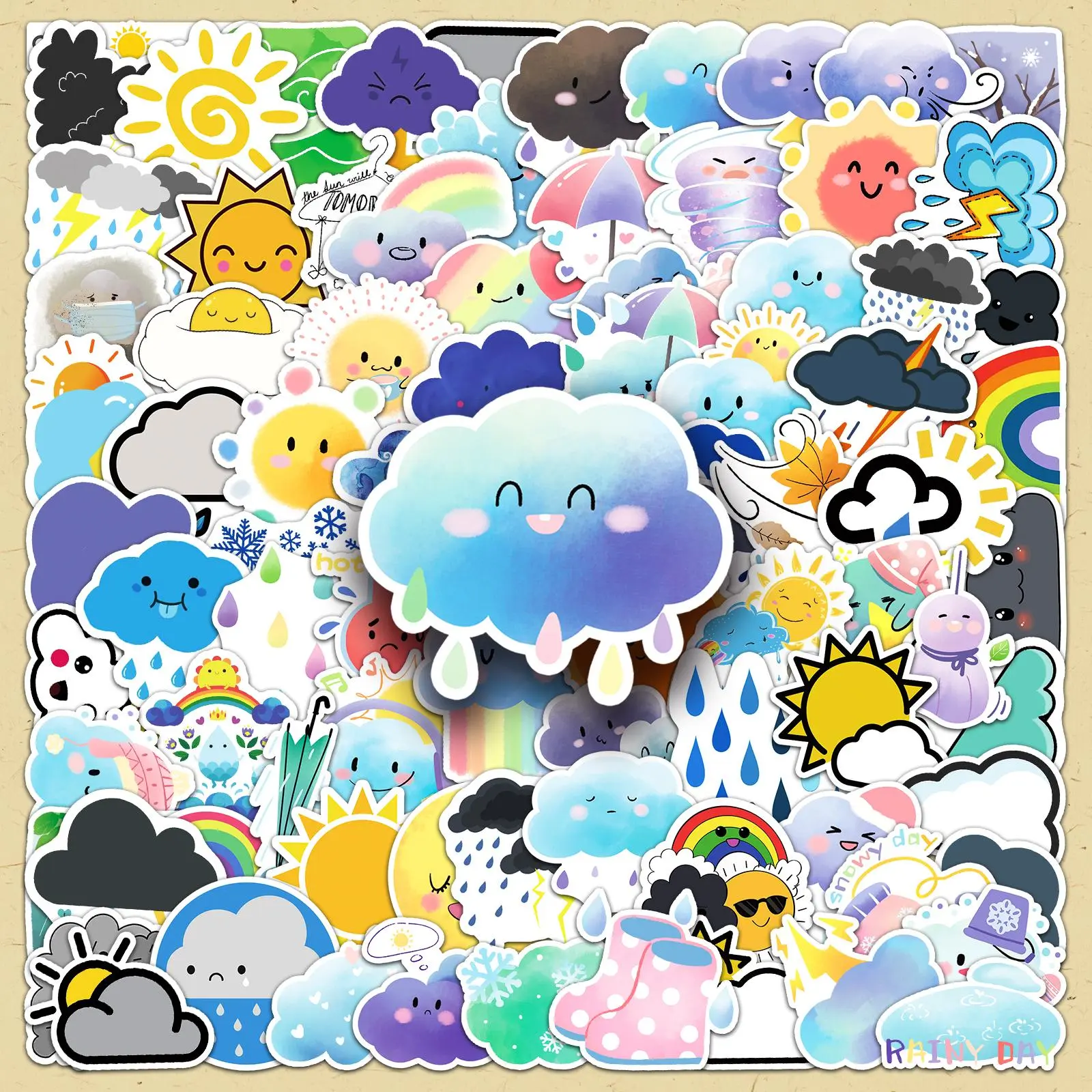 Weather Pattern Sticker, 100pcs/set Cute Cartoon Weather Series Sticker, DIY Decorative Sticker for Scrapbooking, Journaling, Gift Wrapping, Adhesive Stickers