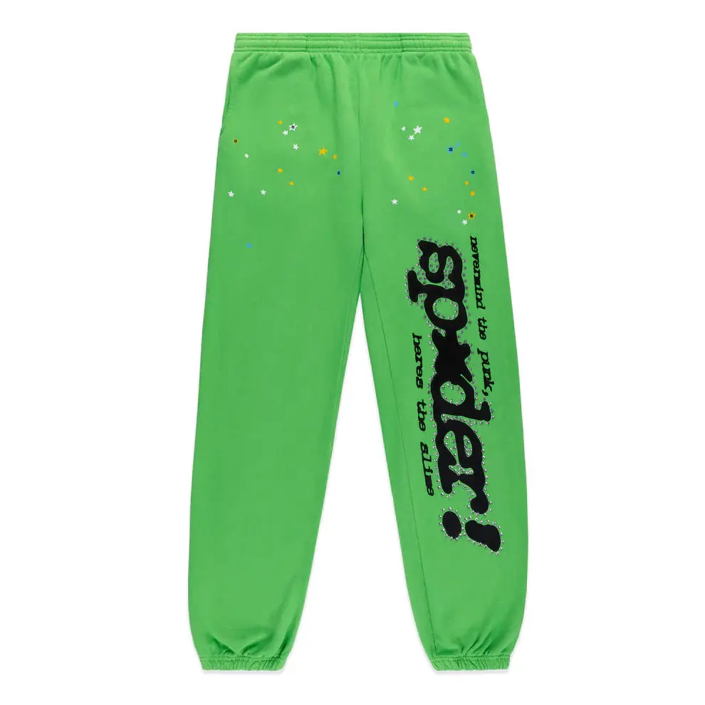 Punk V2 Rhinestone Sweatpants in Bright Green, Unisex Casual Streetwear with Spider Web Graphic, Rhinestones