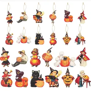 37Pcs Halloween Vintage Wooden Hanging Ornaments Traditional Pumpkin Black Cat Witch Hat Ghost Decorations Halloween Wood Hanging Signs Wall Fireplace Decorations with Rope for Halloween Party Kitchen Spooky