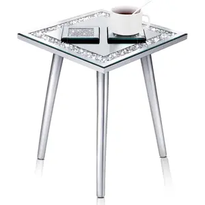 3 Pcs Mirrored End Table with Glass Coaster Modern Silver Accent Table Bling Mirror Side Desk Crushed Crystal Coasters Crushed Diamond Cup Mat for Living Room Kitchen (Square)
