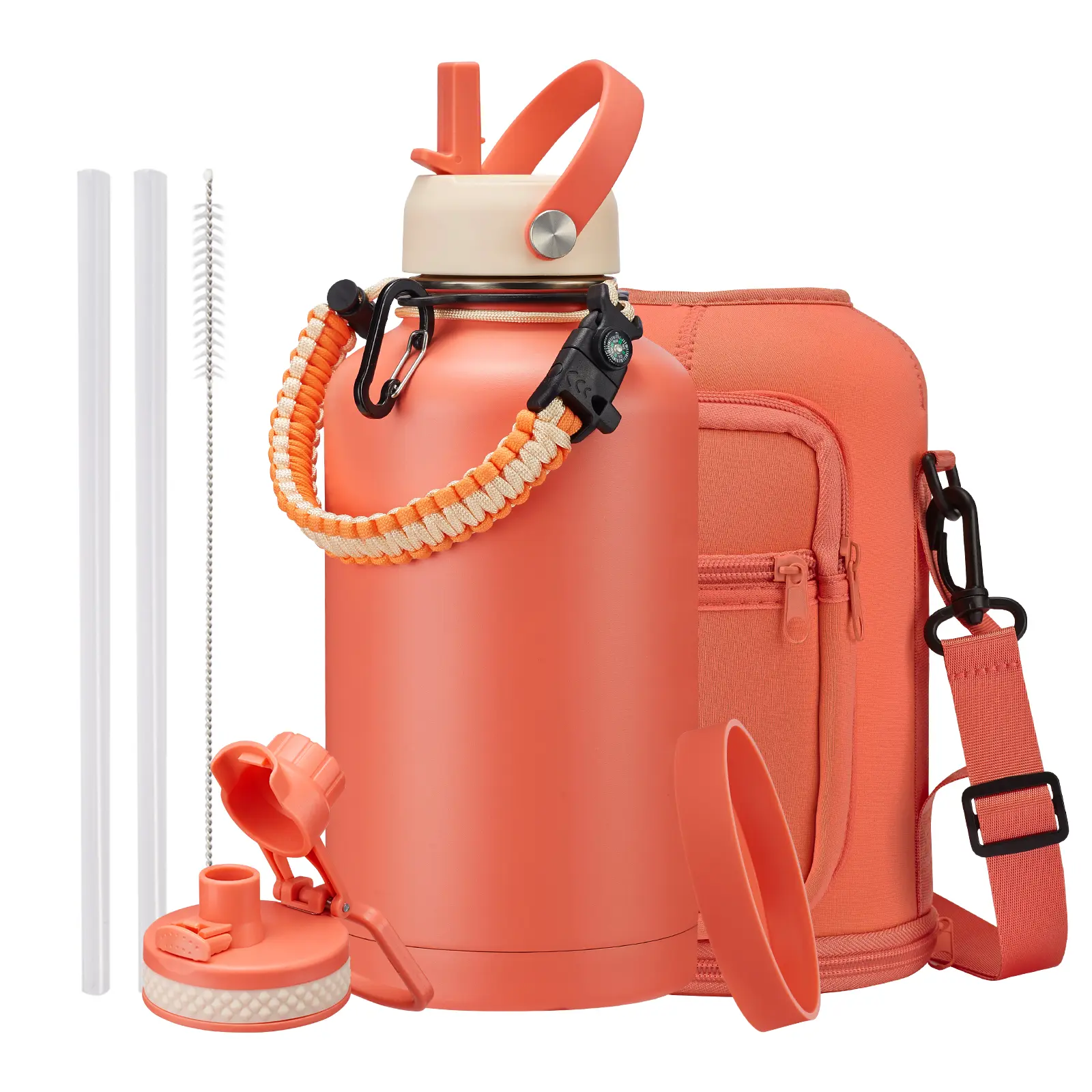 64/40/32 oz Insulated Water Bottle with Straw & Auto Spout Lids, Paracord Handle, Half Gallon Waterbottle Strap Carrier & Protective Boot, Wide Mouth Metal Canteen Thermo Mug, Leak-proof Sports Water Jug