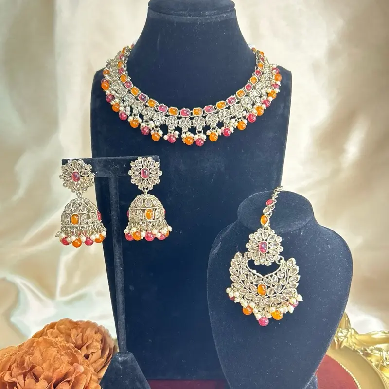 Desi Elegant Necklace With Jhumka And Tikka Set