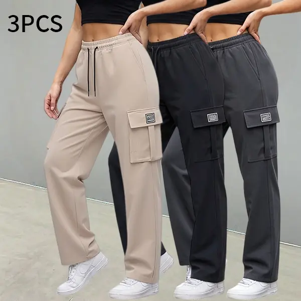 Women’s High-Waist Cargo Jogger Pants Set (3 Pieces) — Drawstring Wide-Leg Sweatpants with Pockets, Suitable for Everyday and Streetwear