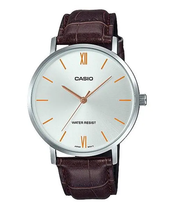 Casio Men’s Silver Analog Watch with Orange Accents and Brown Leather Strap - MTP-VT01L-7B2