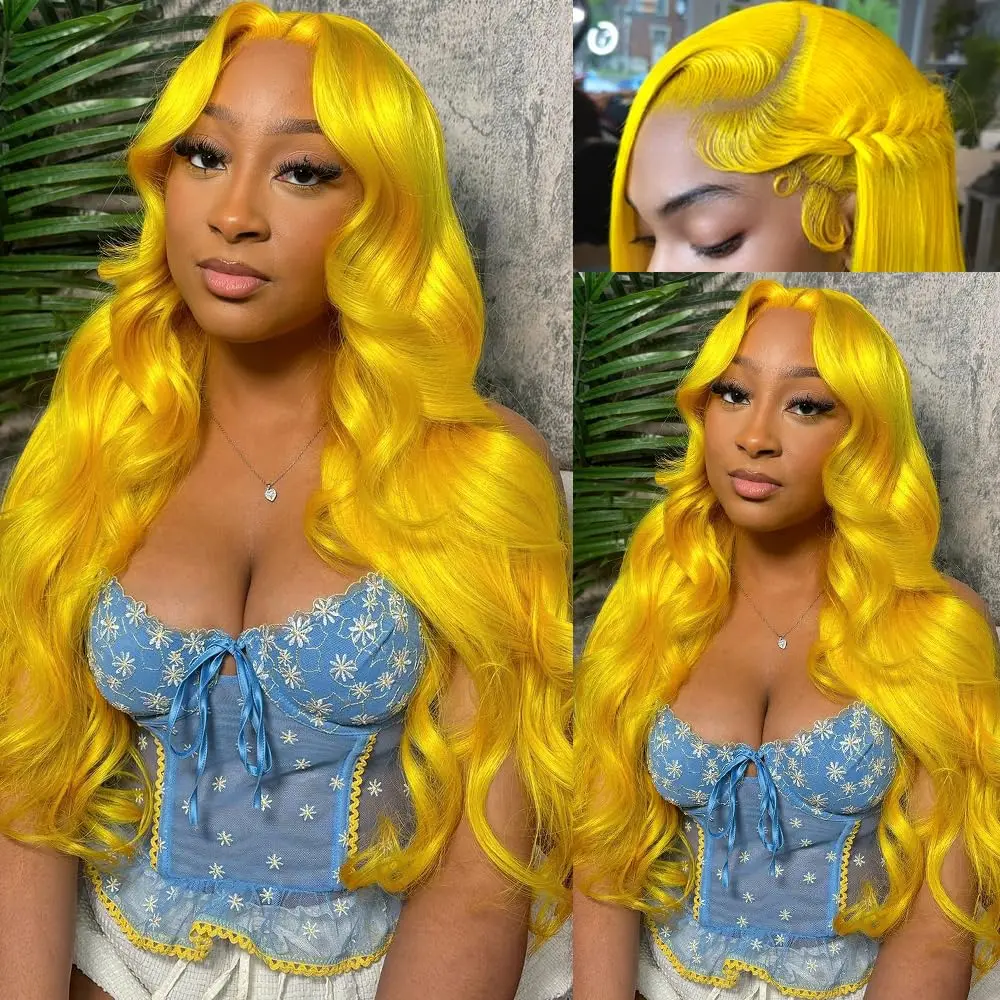 MIRELLE 13x6 Synthetic Yellow Lace Front Wigs for WomenHD Transparent Body Wave Lace Frontal Wig Pre-Pluckedwith Baby Hair Heat Resistant Fiber 30 Inches 220 Density #Yellow