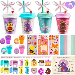 Valentine's Day Stationery Set for Kids - 24 pcs Classroom Gifts with Mugs Cards Stickers Erasers Pencils Sharpeners Stamps Ribbons Safe Non-Toxic Materials Perfect for School Exchange Parties