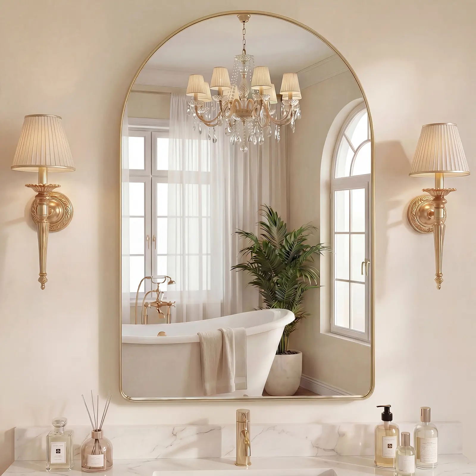 【New】Luxury Arched Bathroom Mirror - Modern Arched Shape Mirror with High-Clarity Shatterproof Tempered Glass, Metal Deep Frame, Hanging or Leaning Design, Styrofoam Pack for Living Room, Dresser