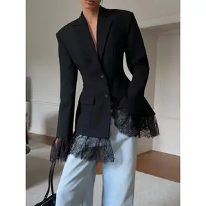 Women's Solid Color Woven Fabric Pocket Lace Patchwork Button Waist Blazer Jacket, Suitable For Office, Evening Date, Formal Occasions In Autumn/Winter