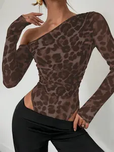 Women's Asymmetrical Leopard Print Long Sleeve Top Shirts, Slim Fit Casual Design, Perfect for Daily Wear Everyday Womenswear Nk-0004-Yz015 Lady