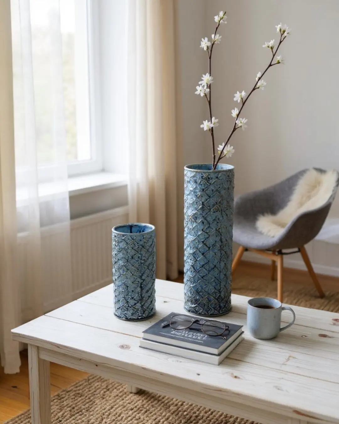 Blue Ceramic Diamond Pattern Vase – Glossy Textured Home Accent