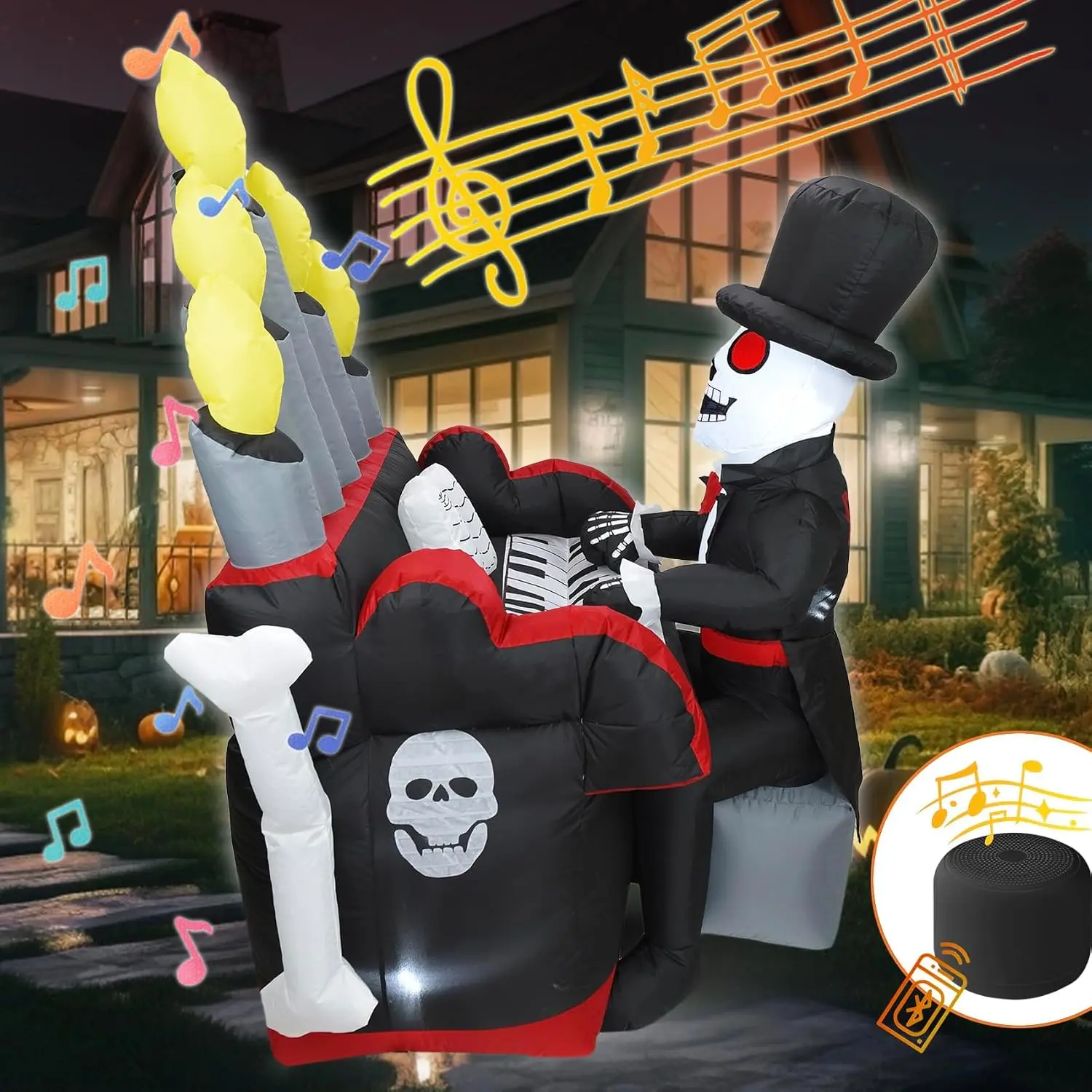 Bonus Bluetooth Speaker! 5.4x5.4FT Giant 3D Novelty Halloween Inflatable Skeleton Playing Piano with Build-in LED Lights and Bluetooth Speaker, Playing Music Remotely by Youself! Outdoor Indoor Decorspooky season decor, spooky yard decor, halloween yard d