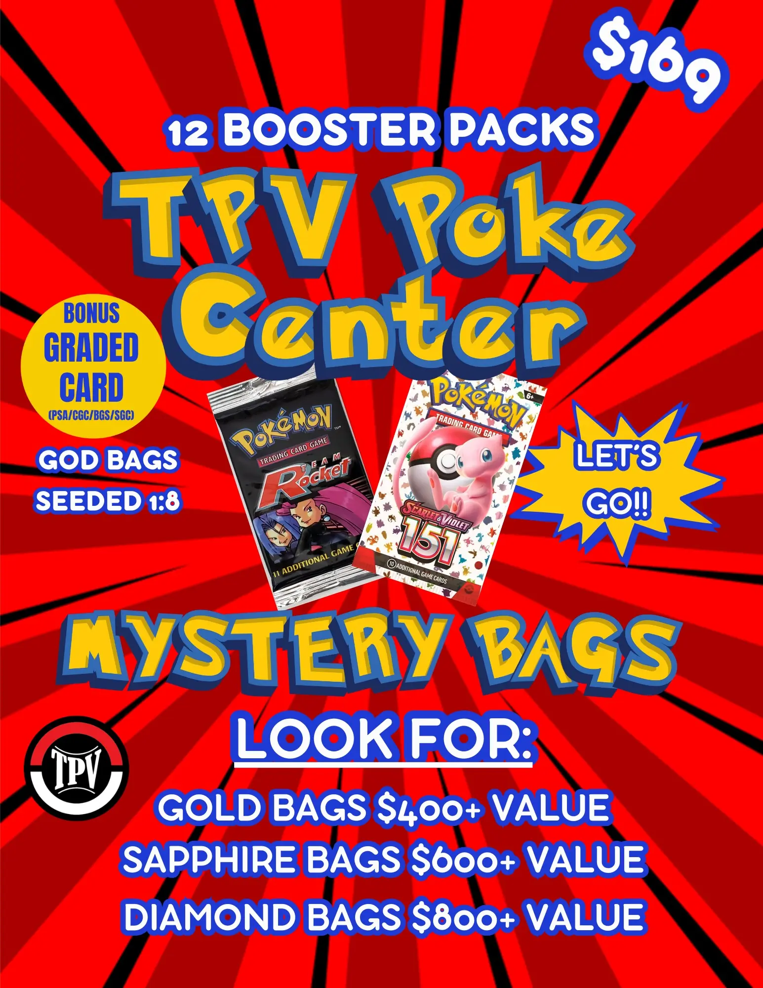 Pokemon $169 Pack Bag By TPV Poke - Includes 12 Packs + 1 Graded Slab