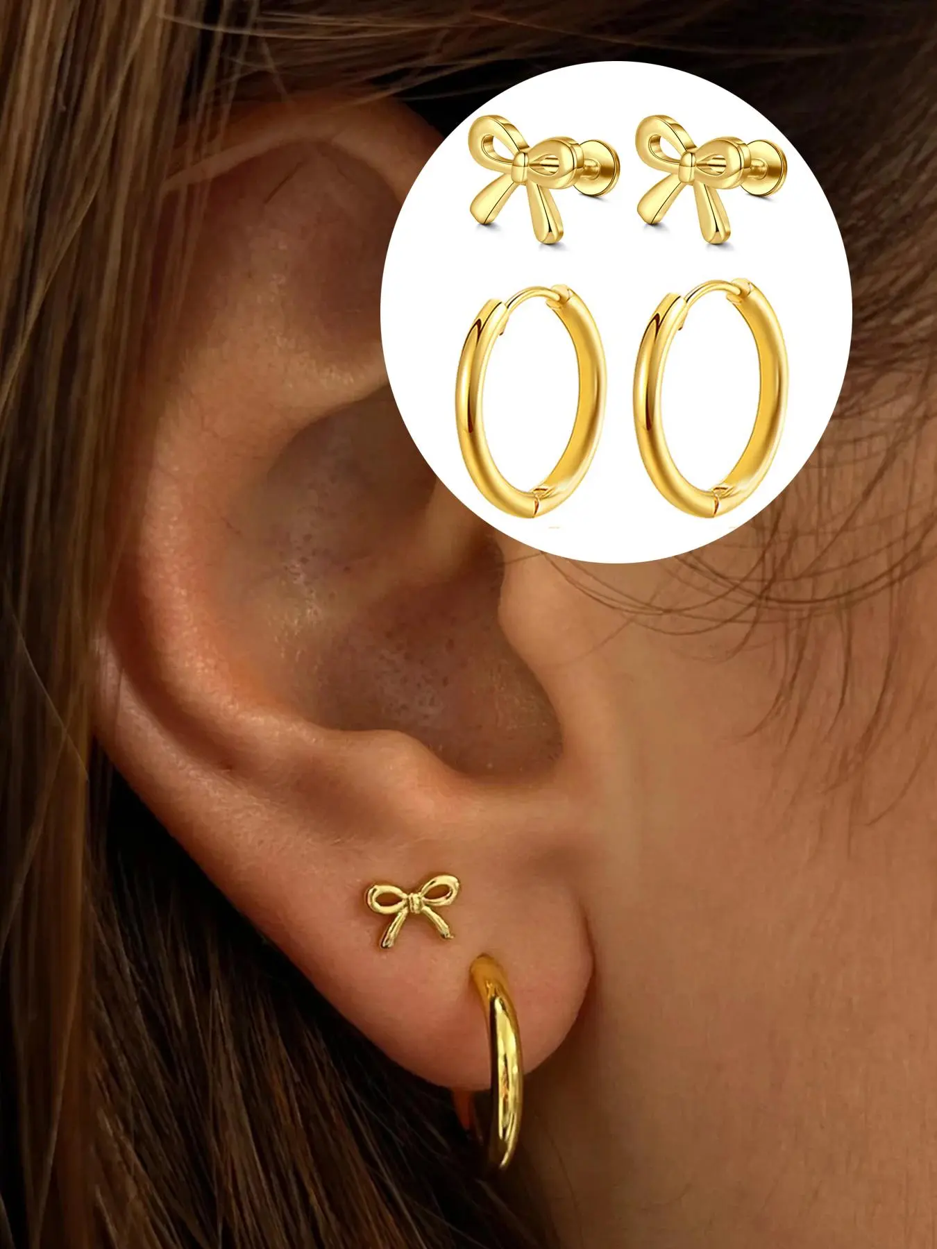 2 Pairs Bow Threadless Stud & Hoop Earrings, Stainless Steel Flat Back Push-in for Cartilage & Lobe, Hypoallergenic Post Earrings Cute Dainty Earring, Ear Studs, Stud Earrings Jewelry, Earring Stacking Set, Stainless Steel Hoops, Ear Accessories