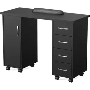 LEADZM Manicure Table Nail Desk w/Cabinet, Drawers, Wheels & Arm Rest, Spa Salon Beauty Home Wooden Technician Workstation Nail Art Equipment for Nail Tech, 43.3" L x 31.5" H x 17.7" W (Black)