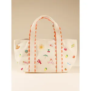 Summer Icons Mini Tote Bag – Embroidered Beach Canvas Tote with Colorful Coastal and Vacation-Inspired Design