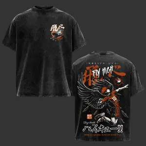 Haikyuu Shoyo Hinata Fly High Graphic T-Shirt - Karasuno Volleyball Anime Oversized Vintage Tee, FDY High Wings Orange Black Washed Cotton Unisex Otaku Merch