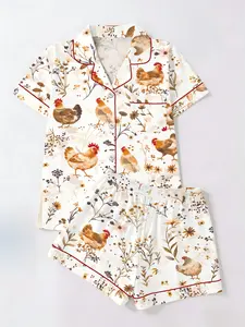 Cure-Style Farmhouse Rooster Floral Print Fitted Short Sleeve Shorts Set, Vintage Country Style Women's Sleepwear Home Wear Two-Piece Suit, Pajamas Loungewear