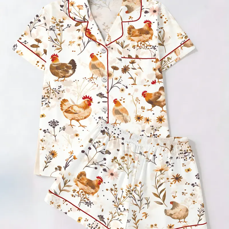 Women's Coastal Farmhouse Rooster Floral Print Two-Piece Pajama Set, Vintage Country Short Sleeve Top & Shorts, Casual Fitted Sleepwear Loungewear for Home Use, Printed Sleepwear Set
