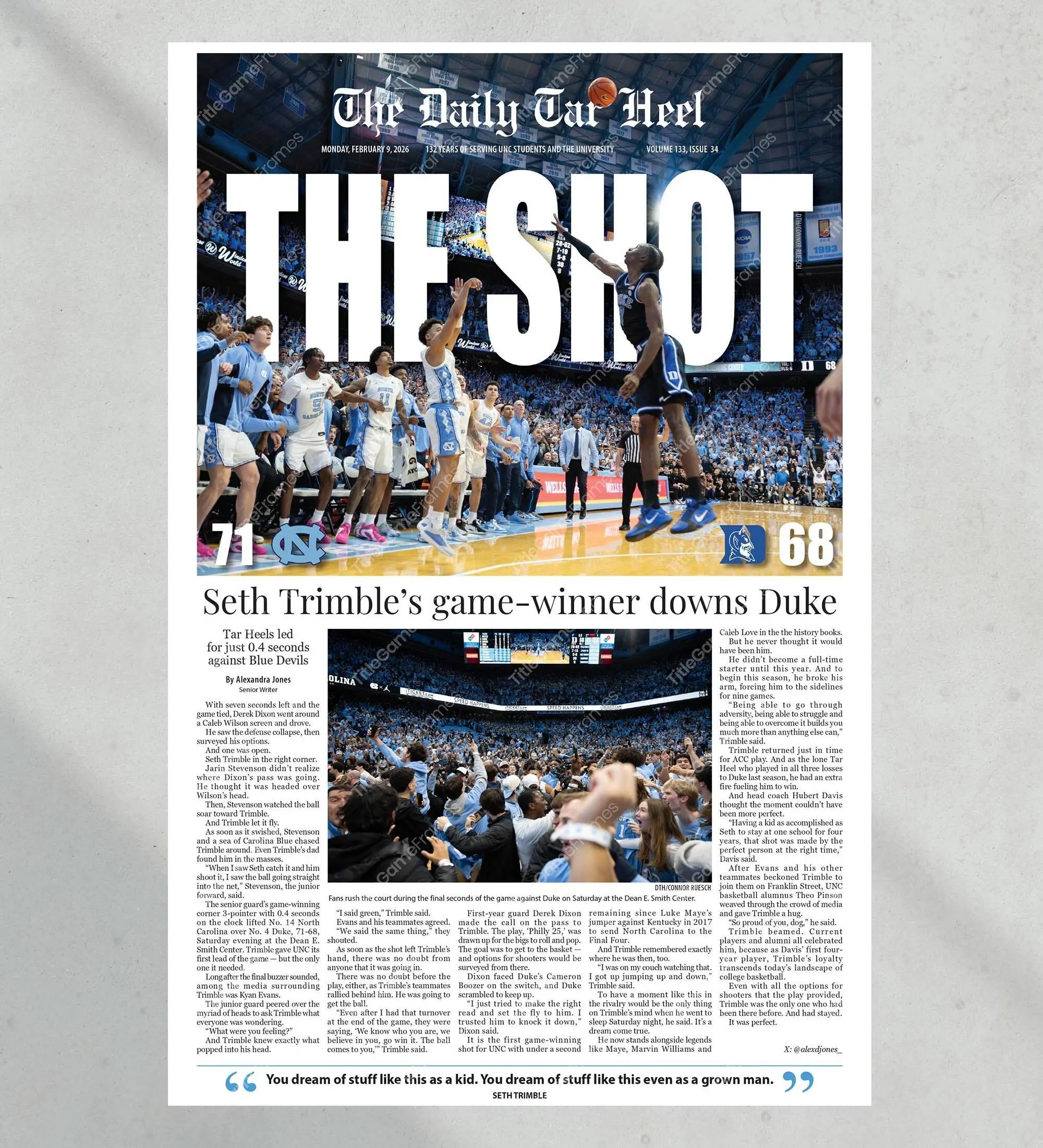 2026 North Carolina Tar Heels vs Duke, “THE SHOT” – Seth Trimble Game Winner, 71-68 Unframed Poster