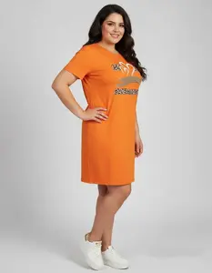 Women's Plus Size Casual Heart & Letter Print T-Shirt Dress - Stretchy Round Neck, Machine Washable, All-Season Comfort, Black with White Graphic Design, Casual Attire, Trendy Fashion, Durable Material, Fashion Lovers