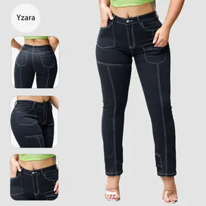 Women's Sculpting Slim Jeans with White Stitching | Mid-Rise Comfortable Stretchy Denim | Trendy Streetwear Pants Multi-pocket split straight leg jeans simple fashion daily casual Fit Womenswear