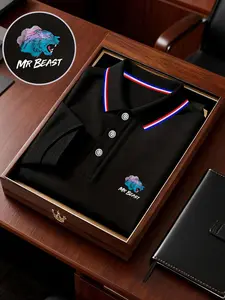 Men's Mr Beast Print Polo Shirt, Loose-Fit Geometric Pattern, Short Sleeve, Breathable Fabric, Ideal for Outdoor Activities, Gift Option