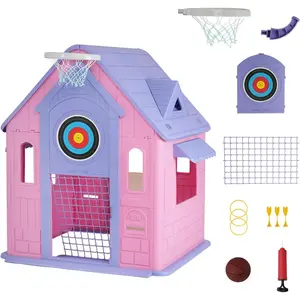 Cottage Playhouse with Magnetic Dartboard, Basketball Hoop, Ring Toss & Soccer Goal – Indoor & Outdoor Playhouse，Purple
