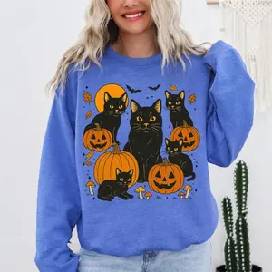 Black Cat Pumpkin Halloween Sweatshirt, Spooky Season Crewneck, Cute Ghost Bat Cat Lover Gift, Cozy Fall Autumn Sweatshirt