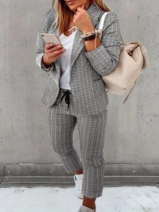 【plus size】 new trendy plaid print pocket button front blazer & blazer trouser set, long sleeve shawl collar top & trousers for women, women's two-piece outfits for spring & fall, fall outfits for women, matching