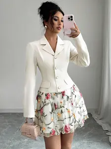 Women's Casual Fitted Floral Dress for All Seasons, Woven Fabric with Moderate Thickness, Elegant and Comfortable Ladies