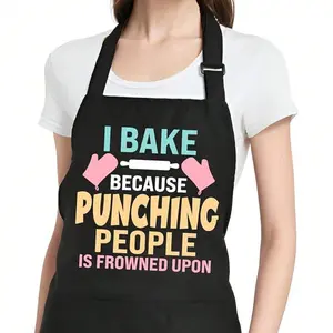 1pc Funny "I Bake Because Punching People Is Frowned Upon" Apron With Adjustable Straps & Dual Pockets, Black With Colorful Text - Perfect Gift For Chefs, Cooking Enthusiasts, Parents, And Siblings, Cute Apron