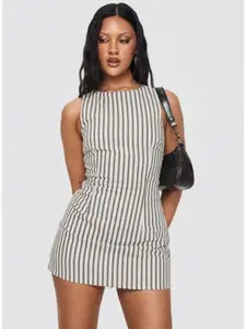 Yumiko Romper Brown Sleeveless Bodycon Mini Playsuit with Belt Soft Stripe Fabric for Party Club & Streetwear Women's Casual Outfit
