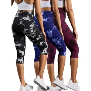 3-Pack Women's High-Waisted Tie-Dye Print Athletic Capri Leggings - Stretchy Polyester-Spandex Blend, 3/4 Length Yoga Pants, Non-See-Through Fabric for Spring/Summer/Fall, Machine Washable, Workout Leggings, Spring Casual Wear, Yoga Apparel, Modern Sports
