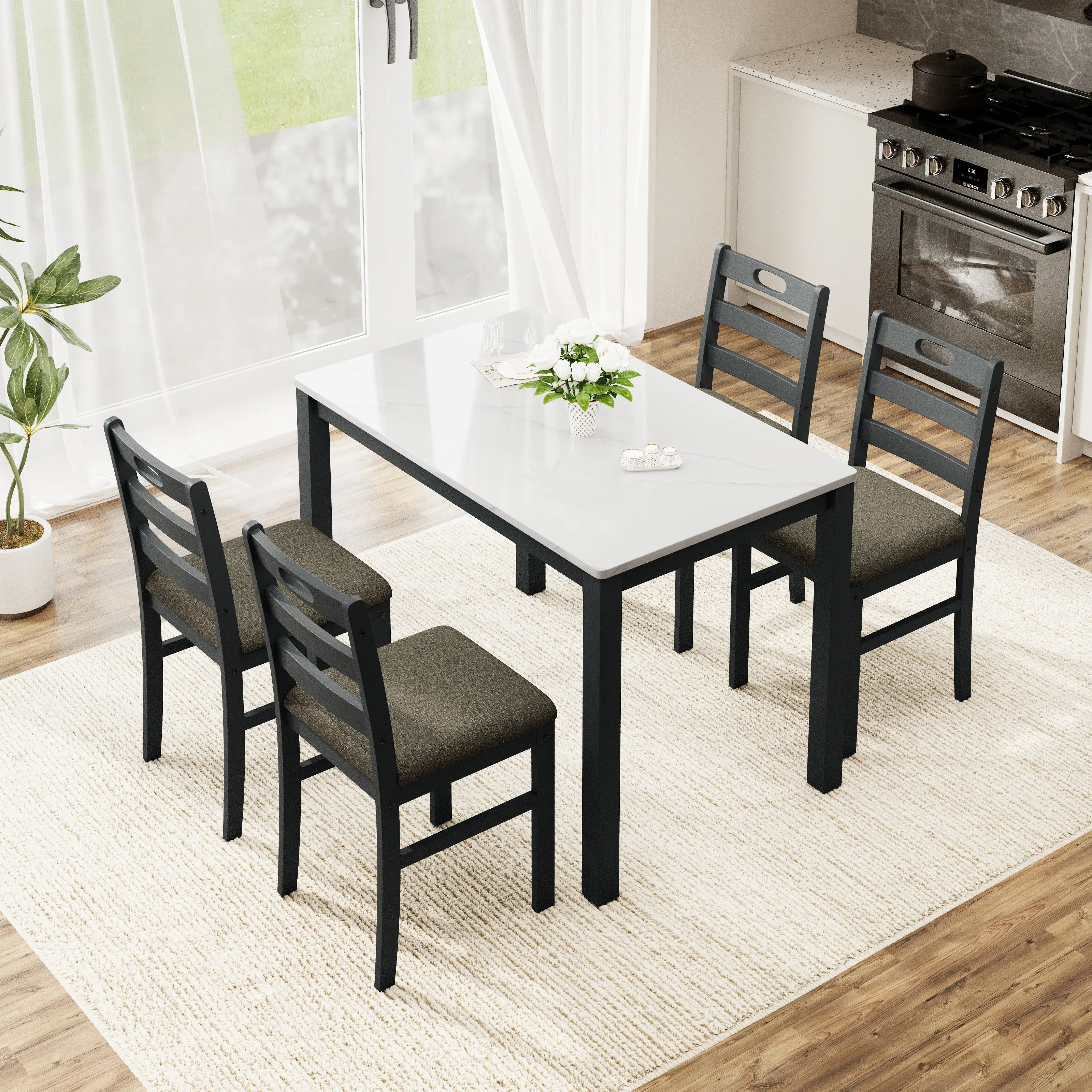 White Table + 4 Black Chairs with Cushions