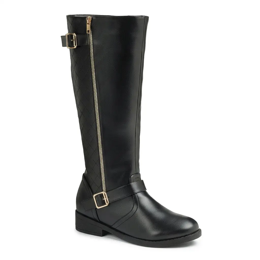 Women's Knee High Riding Boots | Faux Leather Side Zipper Gold Buckle Quilted Low Block Heel Fall Winter Boots