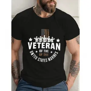 Men'S Patriotic Marine Corps Veterans T-Shirt - Black with American Flag Design - Breathable Cotton Crew Neck Tee - Regular Fit Casual Shirt for Veterans Day, 4th of July, Casual Attire - All-Season Comfort Fit, Patriotic Clothing graphic tee