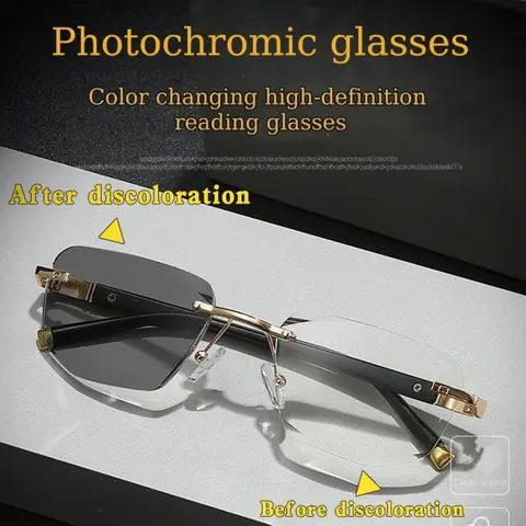 Unisex Auto-Darkening Metal Frameless Reading Glasses, Adjustable Arms, Ideal for Driving, Office, Computer Use, Comfortable & Durable, High Quality Eyewear, High Definition Glasses, Photochromic Eyeglasses