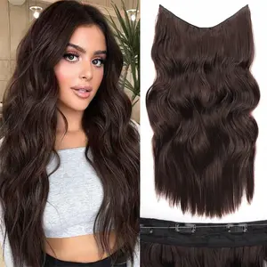 Missqueen Invisible Fishing Wire Hair Extensions with Clear Headband Adjustable Size for Easy Wear 4 Safety Clips Long Wavy Wig 20 Inch Women's Adding Volume for Everyday Party Christmas