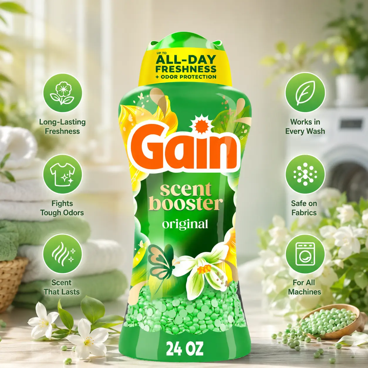 Gain In-Wash Laundry Scent Booster Beads Long-Lasting Fresh Scent Beads All Day Freshness and Odor Protection, Original Scent, 24 oz (Packaging May Vary)