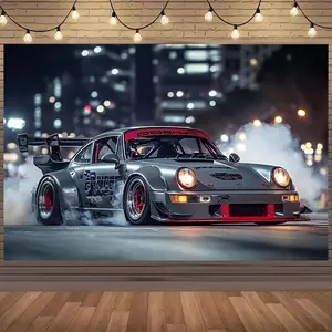 1 piece of sports car night scene smoke design polyester fabric banner - no need for electricity, suitable for various sizes of car themed parties, New Year decorations, and event props, car decoration accessories photography background