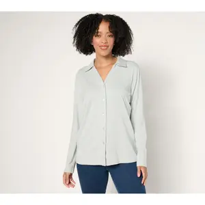 Denim & Co. Essentials So Soft Jersey Lurex Detail Button Up Top