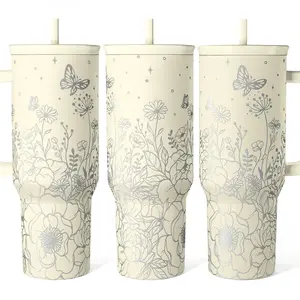 Floral Tumbler With Handle 40oz  Stainless Steel Insulated Tumblers Coffee Travel Mug Cup Straw Flower Gifts For Women Gift Her On Christmas Birthday Mothers Day
