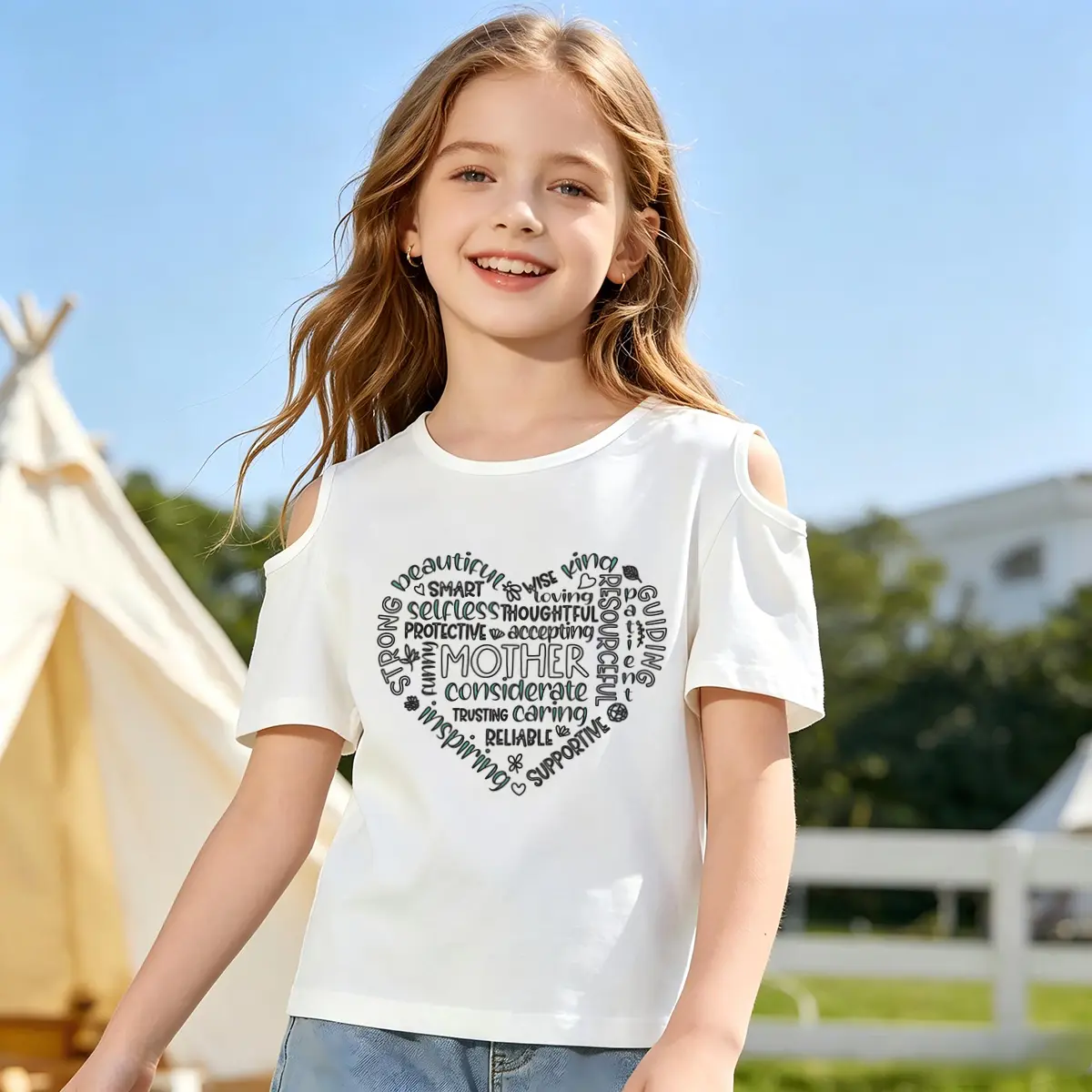 Girls' Basic Top with Cutout Shoulders and Minimalist Heart Print - Casual Relaxed Fit for School & Parties, Cold Shoulder Sleeve, Breathable, Graphic, Girly Finds, Cotton, Loose-Fitting, Party, Round, Short Sleeve, T-Shirt, Alt Outfits
