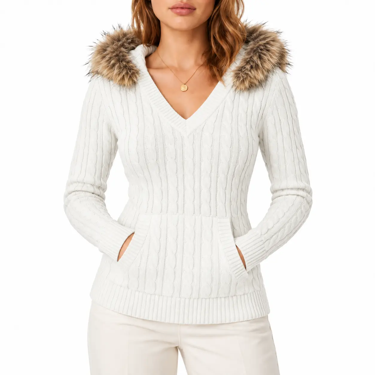 Yimoon Women’s Faux Fur Trim Hooded Cable Knit Sweater V Neck Long Sleeve Slim Fit Pullover, Cozy Chunky Knit Top, Preppy Y2K Vintage Winter Sweater for Fall Winter 2026