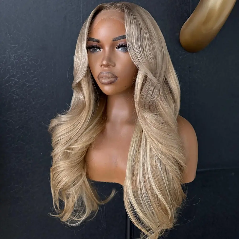 Brown Root Ash Blonde Colored Drawstring Pre-Cut Lace Frontal Human Hair Glueless Body Wave 180% Density 13X6 HD Transparent Pre Plucked With Baby Hair Ombre Brown Roots For Woman Can Be Restyled